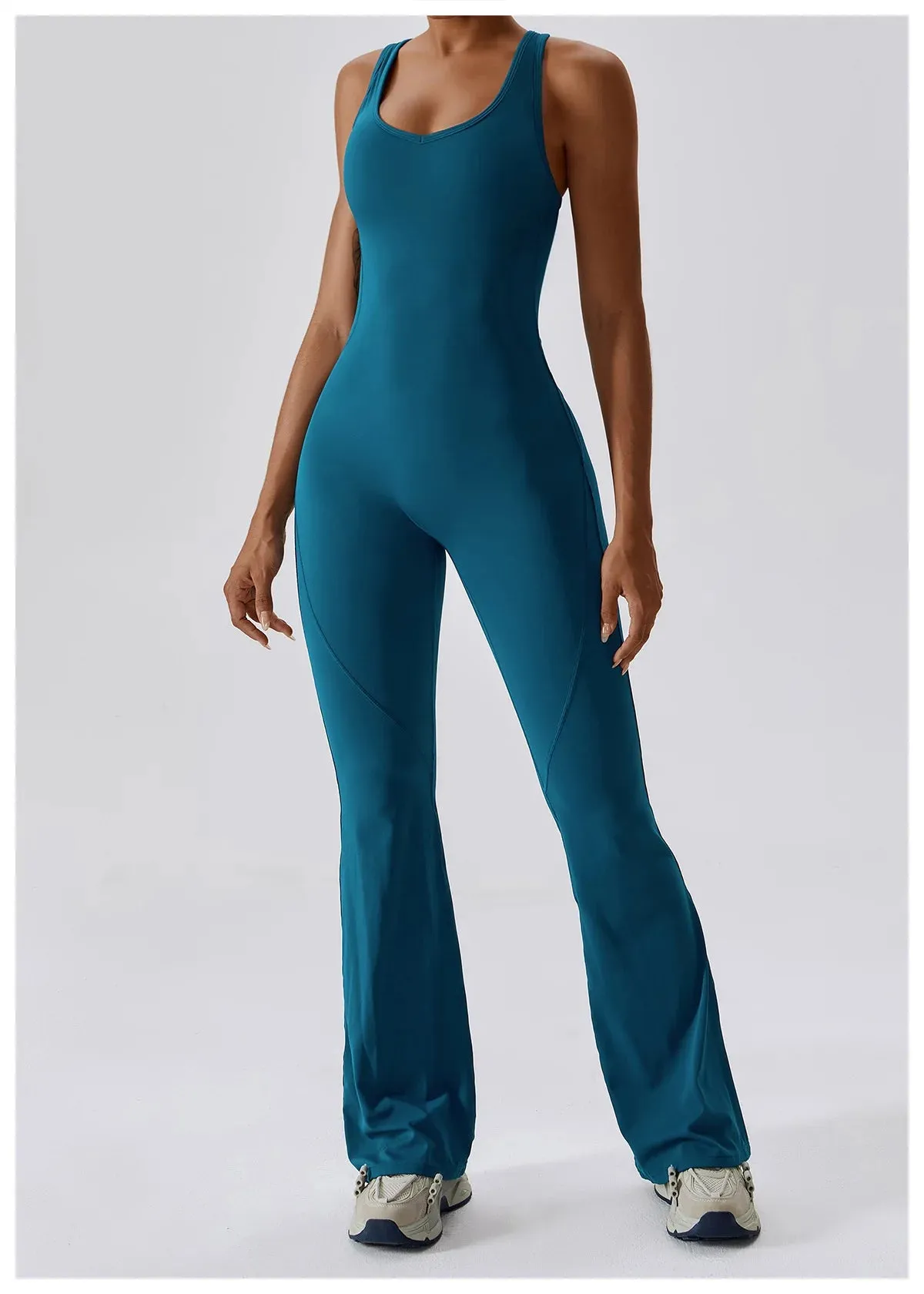 V SHAPE OPEN BACK FLARE JUMPSUIT