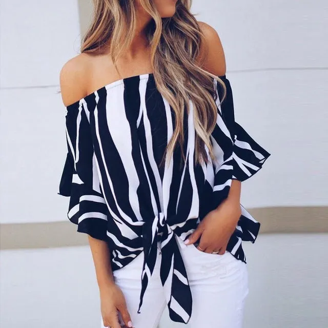 Women Striped Off Shoulder Waist Tie Short Sleeve Casual